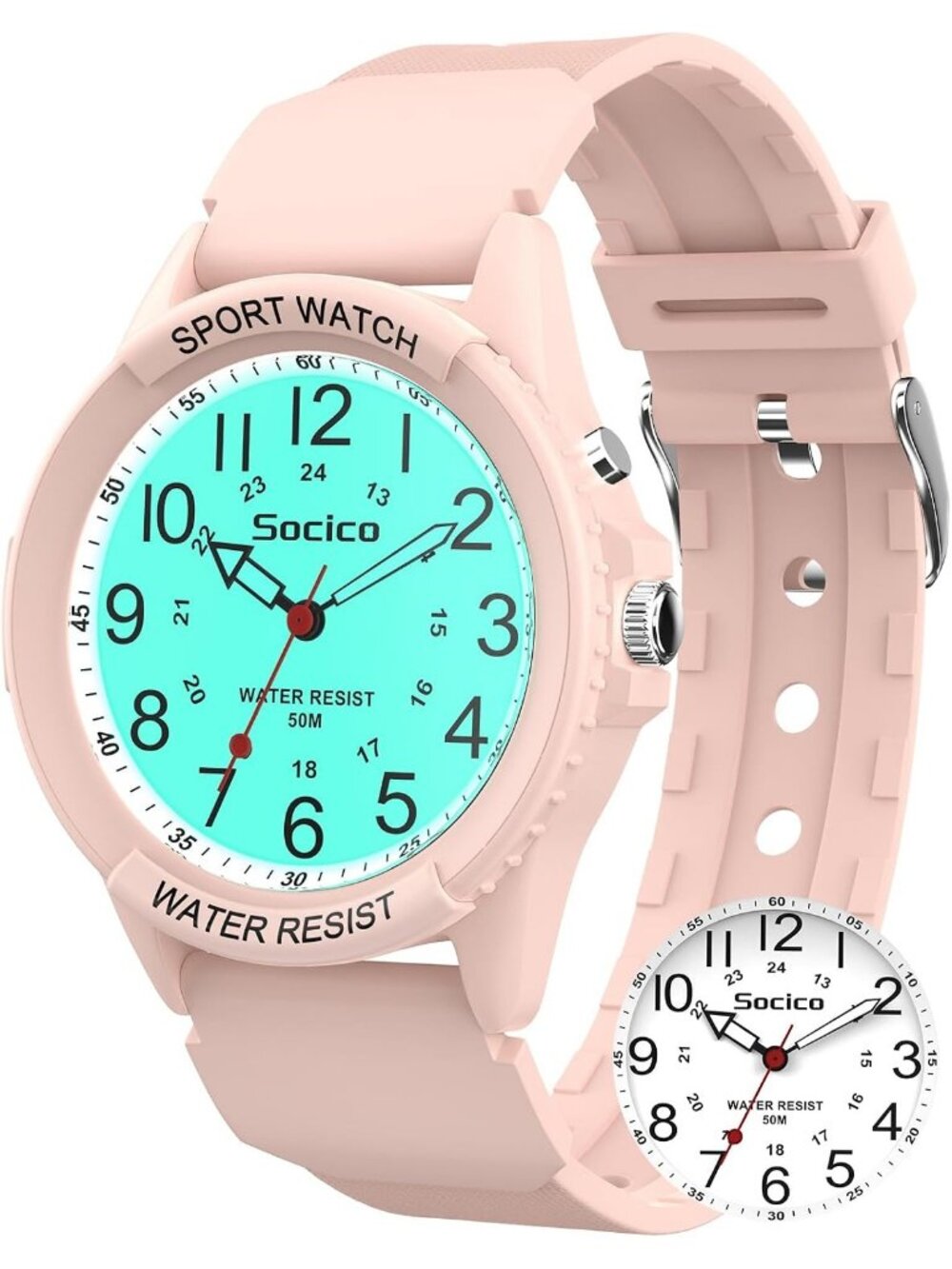 Women's Pink Waterproof Night Light 12/24H Soft Band Easy to Read Wrist Watch